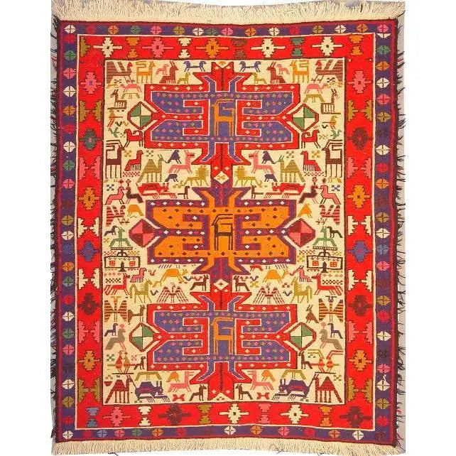 One Of The Kind Hand-Knotted Kilim Soumak 4'3" X 3'6"